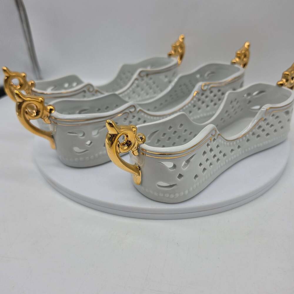 Vintage Porcelain Treasures Buffet Flatware Holders White & Gold Set of 3 Party